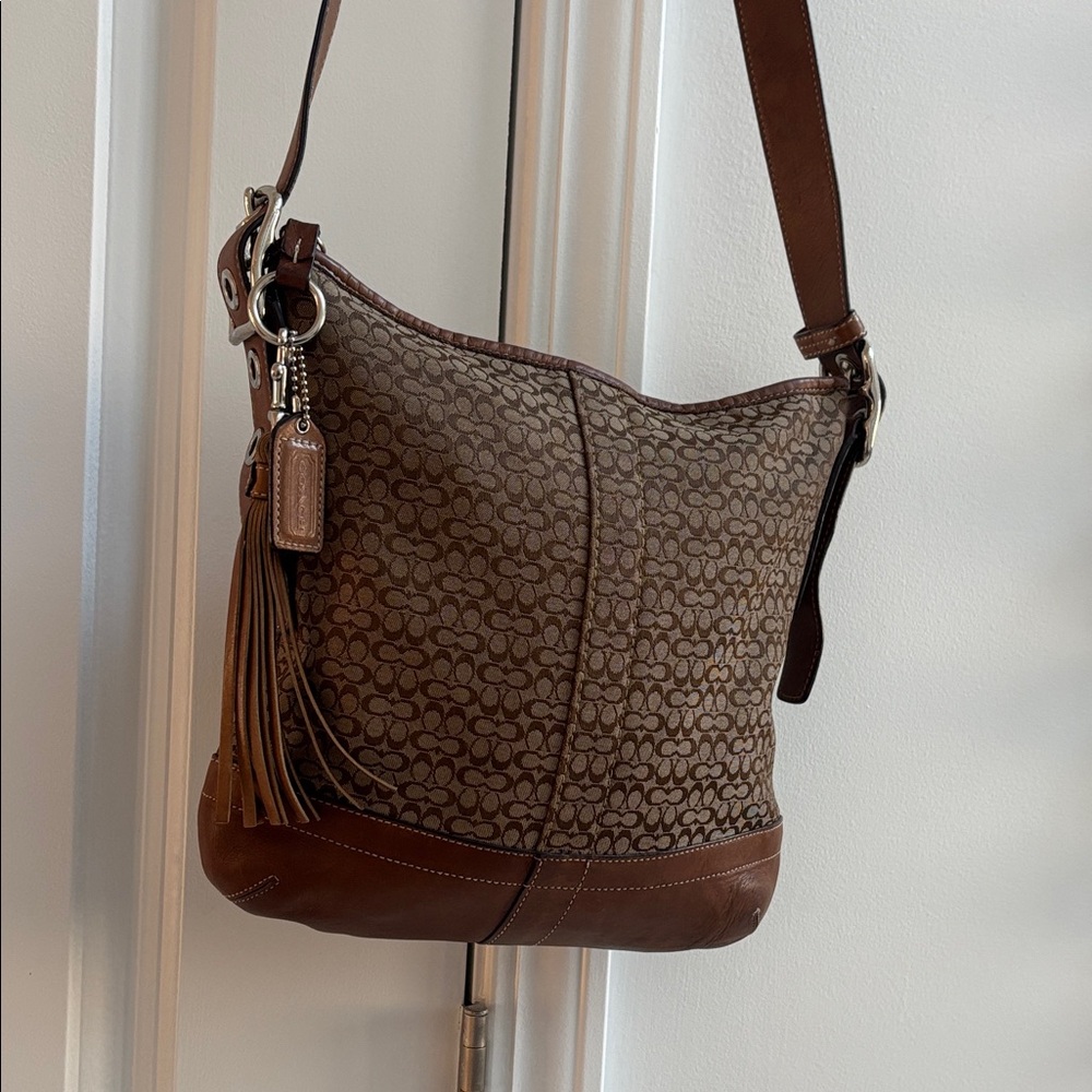 Vintage Coach Tan and Brown Signature Canvas Shoulder Bag with Tassel F10417